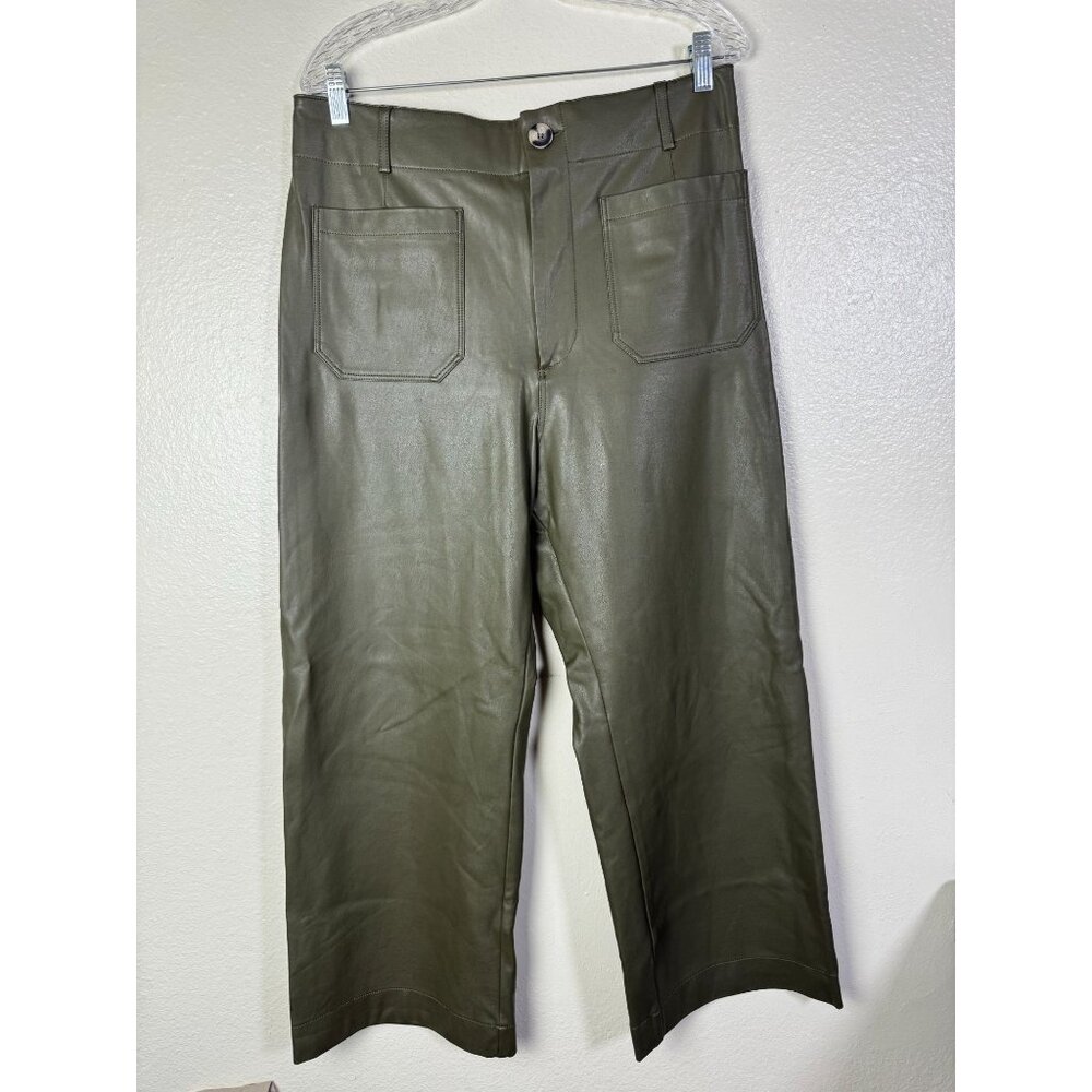 Maeve Anthropologie The Colette Olive Faux Leather Crop Pants Size 32 Wide leg